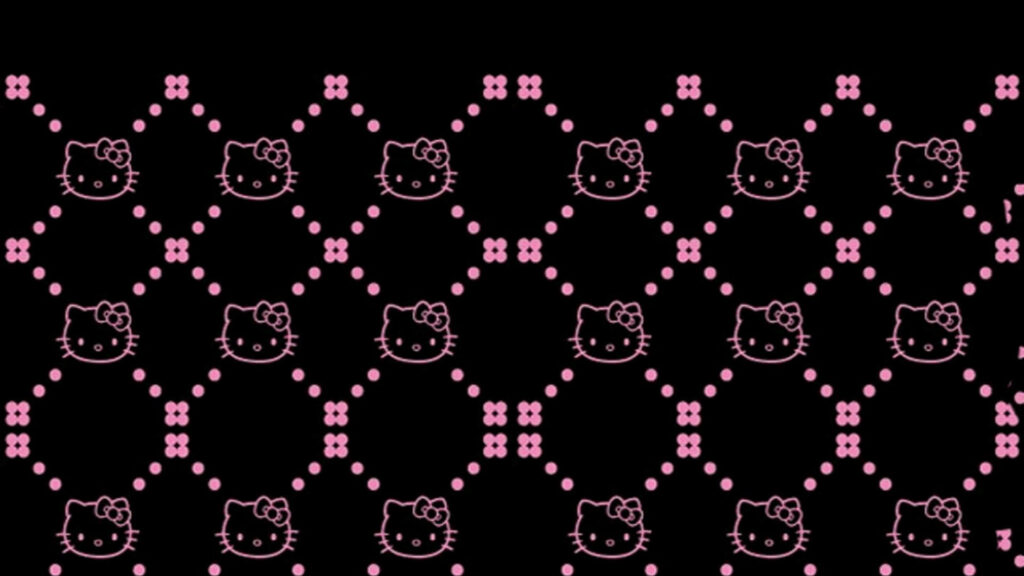 Elegant Pink & Black Hello Kitty Floral Pattern Wallpaper