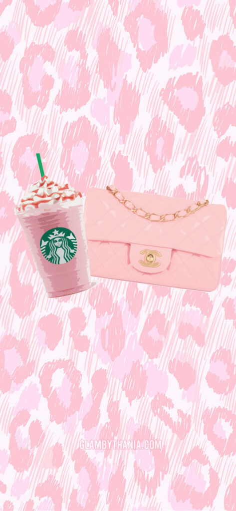 Pink Perfection: A Girly iPhone Background featuring a Chic Cow Print Wallpaper, Pink Starbucks Drink, and a Stylish Pink Purse at the Center