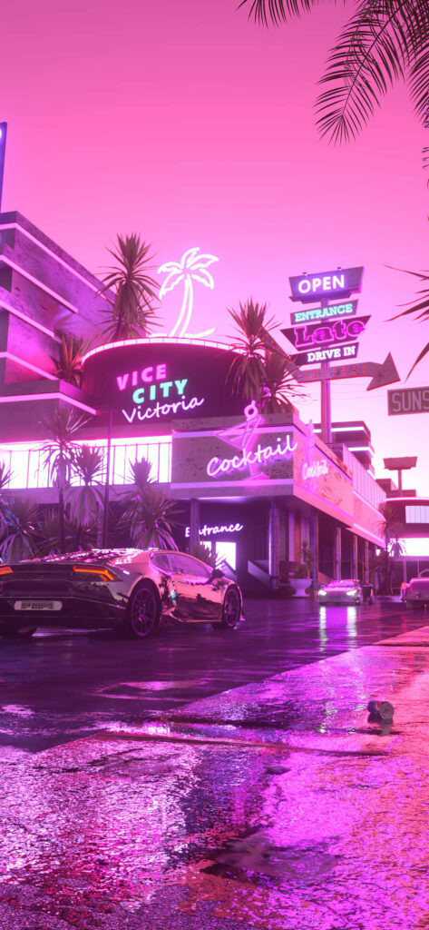 Palm Tree Paradise: Retro Vibes Illuminate the Pink Cityscape with Neon Glamour Wallpaper