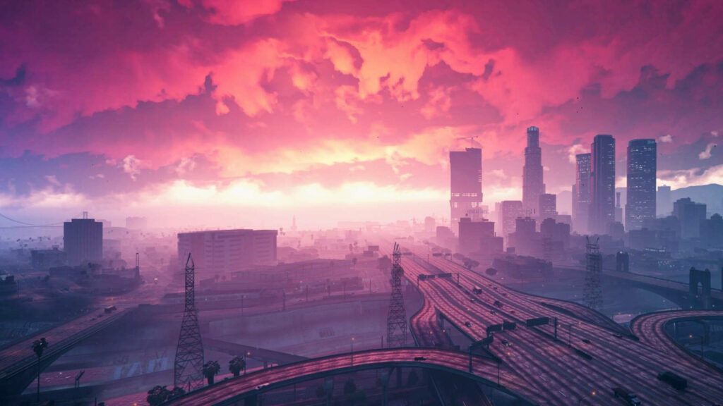 Pink Skies Adorning Los Santos: A Serene Spectacle in GTA 5's Abandoned Metropolis Wallpaper
