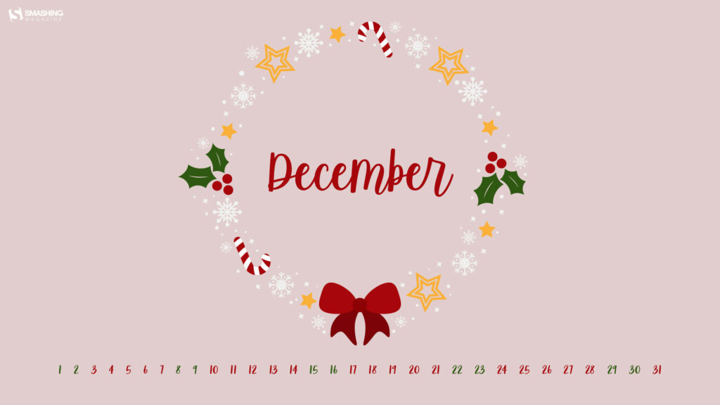 Pink December wreath wallpaper holly snowflakes candy canes stars elegant holiday background