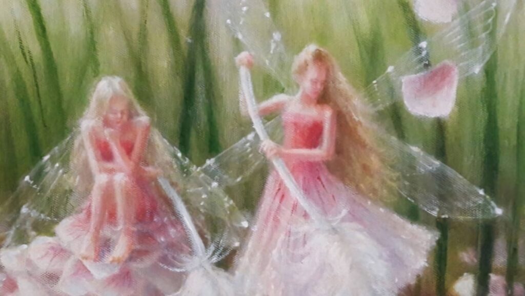 Two pink fairies with delicate wings cleaning in a lush spring meadow with falling petals Wallpaper