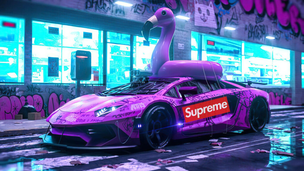 Pink Flamingo Fun in the Supreme-themed Lamborghini: A Vibrant Cool Background Picture Wallpaper
