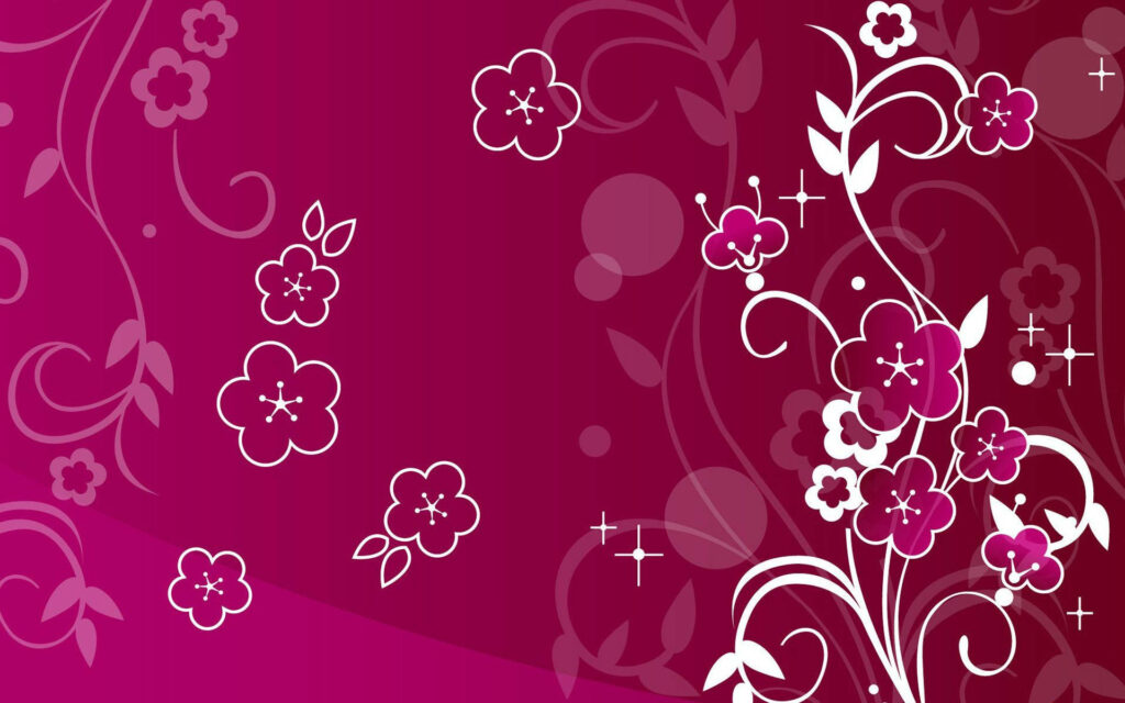 Abstract floral wallpaper with white pink blossoms and swirling vines on magenta background