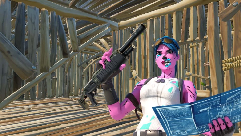 Fortnite Pink Ghoul Trooper with shotgun and blueprints in wooden interior 3D wallpaper