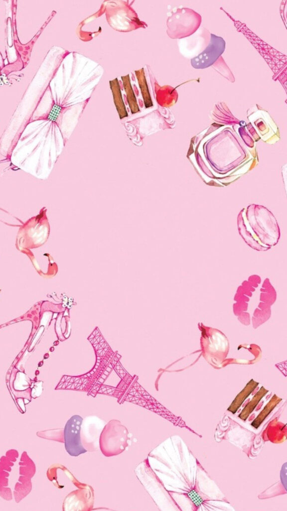 Watercolor Parisian wallpaper with flamingos Eiffel Tower high heels perfume and lipstick kisses