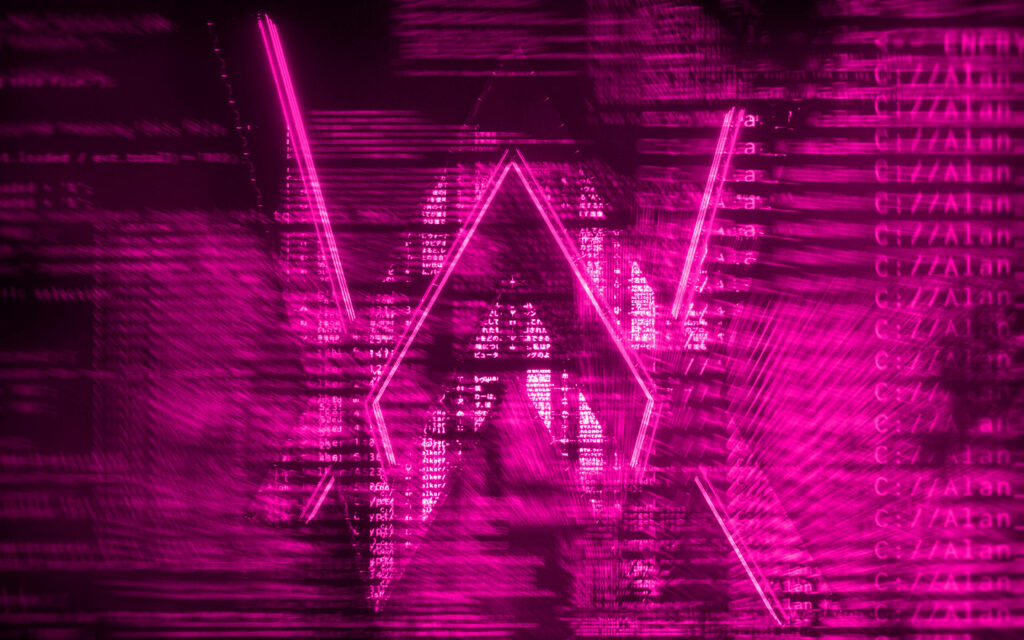 Techno Tangle: Alan Walker's Pink Glitch Emblem amidst Cryptic Computer Codes Wallpaper