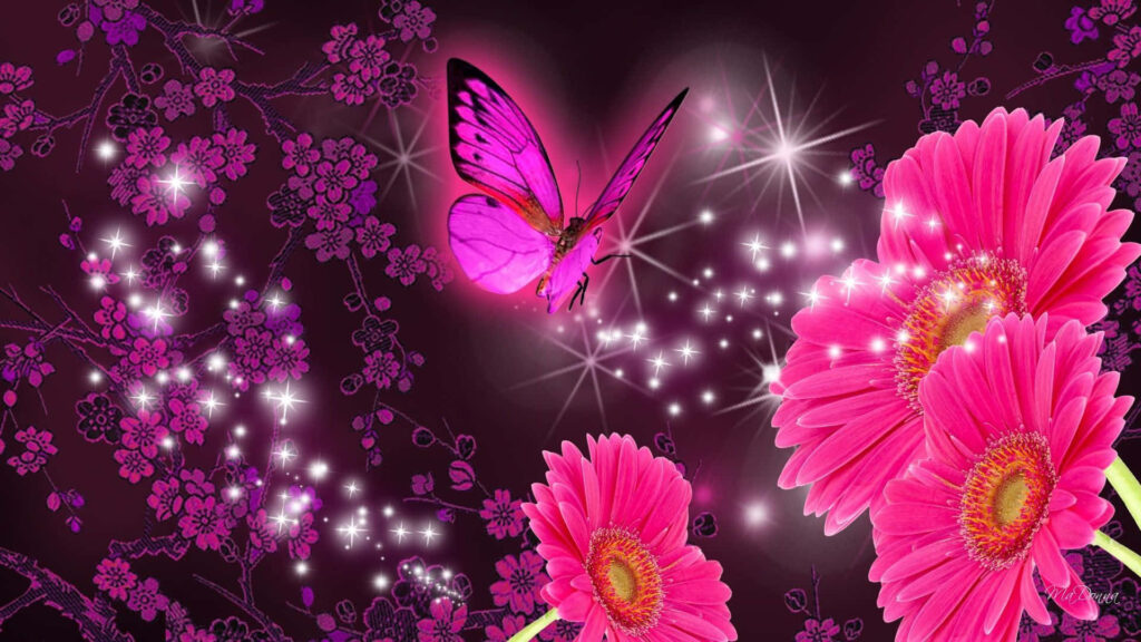 The Enchanting Elegance: A Gleaming Pink Butterfly Embracing Nature's Sparkle and Beauty Wallpaper