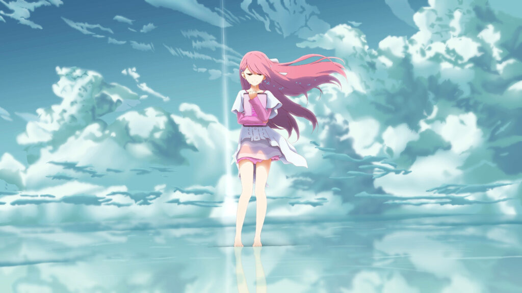 Pink-haired anime girl barefoot on reflective water under cloudy blue sky serene wallpaper background