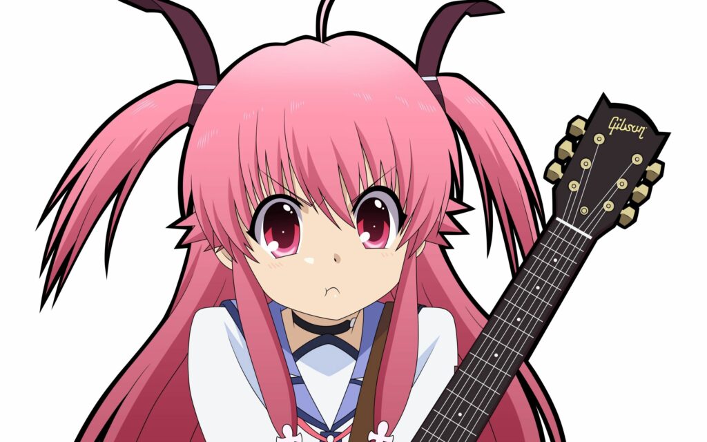 Anime Girl with Pink Hair and Guitar - Playful Wallpaper Art