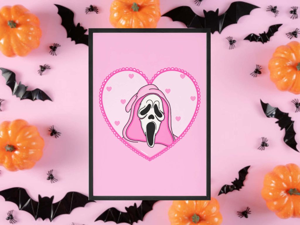 Pink Halloween Ghostface PFP in heart frame with pumpkins bats and spiders festive background Wallpaper