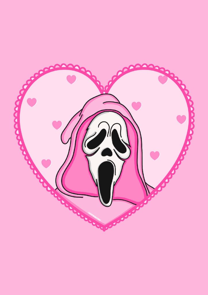 Pink Heart Ghostface PFP wallpaper kawaii horror style digital art with lace heart and floating hearts