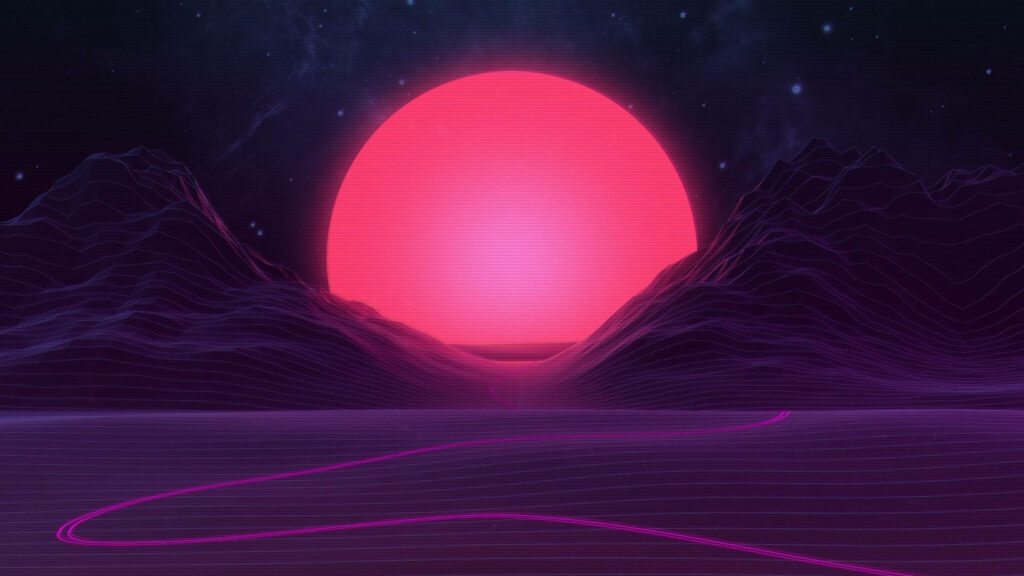 Retrowave Reverie: An Enchanting Sunset over Pastel Peaks Wallpaper