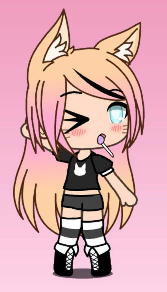 Sweet Surrender: Winking Pink Gacha Girl with Lollipop Wallpaper