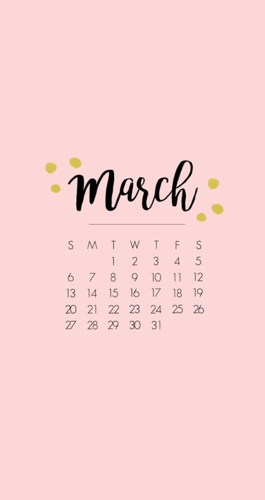 Pink March calendar wallpaper with minimalist design golden dots and elegant handwriting style