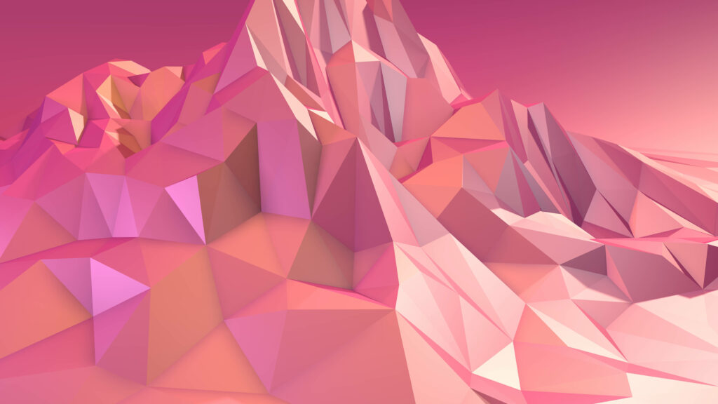 Low-poly mountain wallpaper in soft pink shades with geometric 3D abstract terrain background