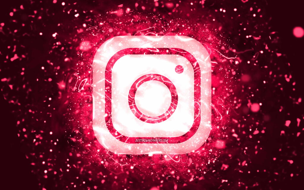 4K Instagram logo wallpaper glowing pink neon lights dark background with sparkling bokeh effects