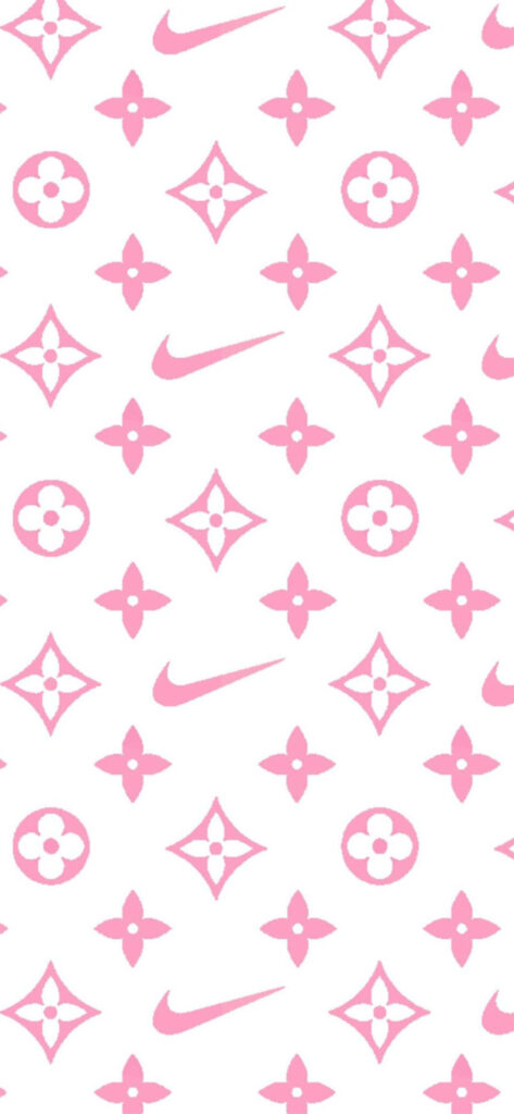 White phone wallpaper with pink Nike swooshes and Louis Vuitton luxury monogram pattern
