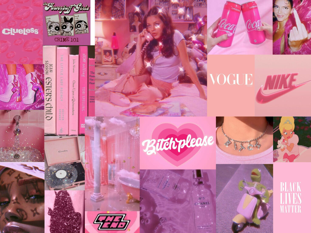 Pink Paradise: A Celeb-Filled Baddie Aesthetic Collage Brimming with Brands, Logos, Books, and Cartoon Characters for Vibrant Desktop and Mobile Backgrounds Wallpaper