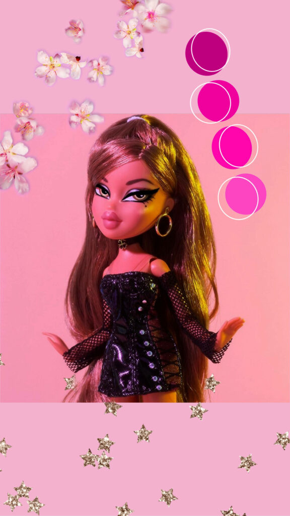 Flower Power: A Pink Baddie Bratz Doll Takes Center Stage in Sexy Black Attire Against a Backdrop of Golden Stars Wallpaper