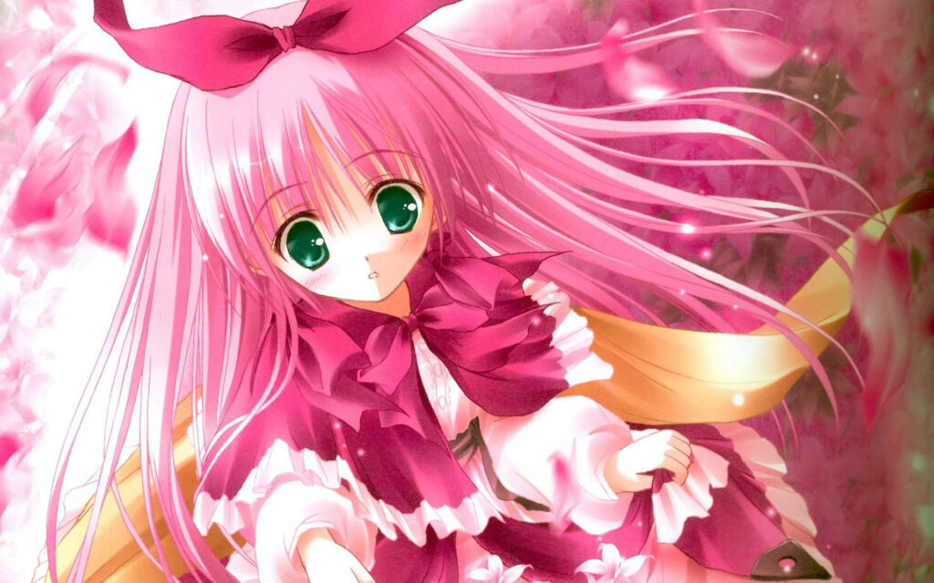 Pink Blossoms: The Enchanting Anime Darling adorned in Ruffles, Ribbons and Golden Aura amidst a Garden of Pink Petals Wallpaper