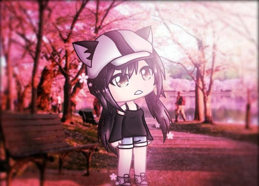 Whimsical Wolf-Eared Gacha Girl: a Pink-Hued Park Picnic Wallpaper