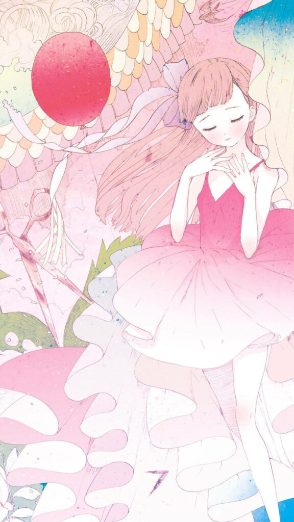 Whimsical Wonder: A Delightful Cartoon Character Twirling in Layers of Pink Ruffles, Embracing a Red Balloon Against a Dreamy Pastel Backdrop Wallpaper