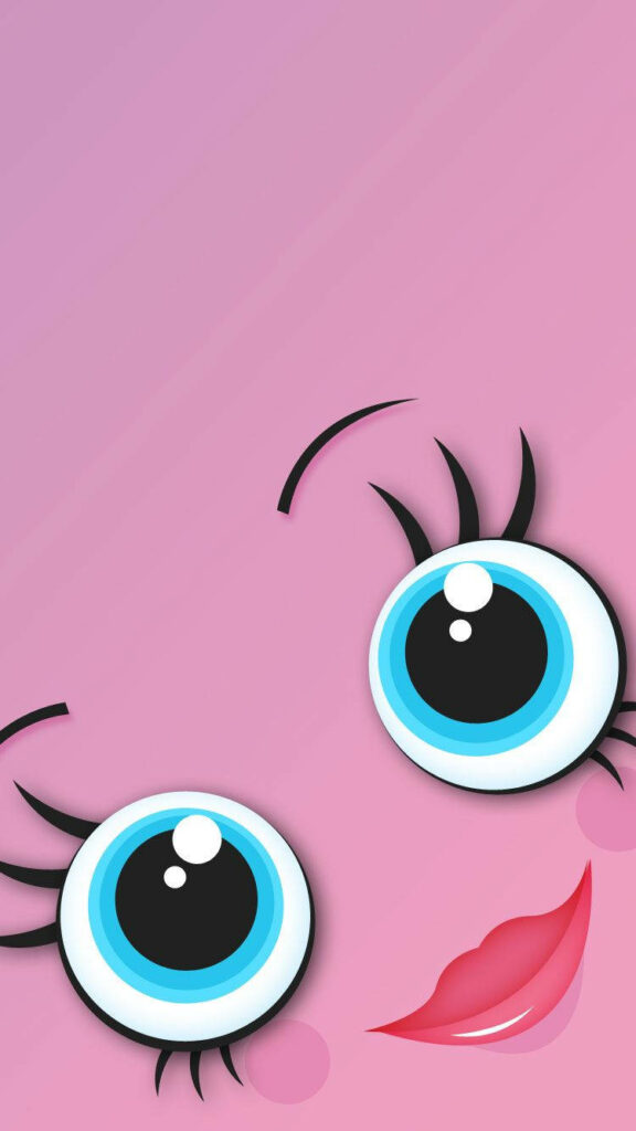 Minimalist cartoon wallpaper with bright blue eyes and pink lips on lavender pink background