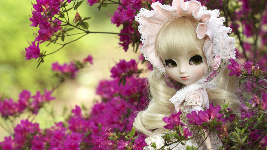 Dainty Doll Adorned in a Blush Pink Hat Poses Gracefully Amid a Blossoming Pink Tree Wallpaper