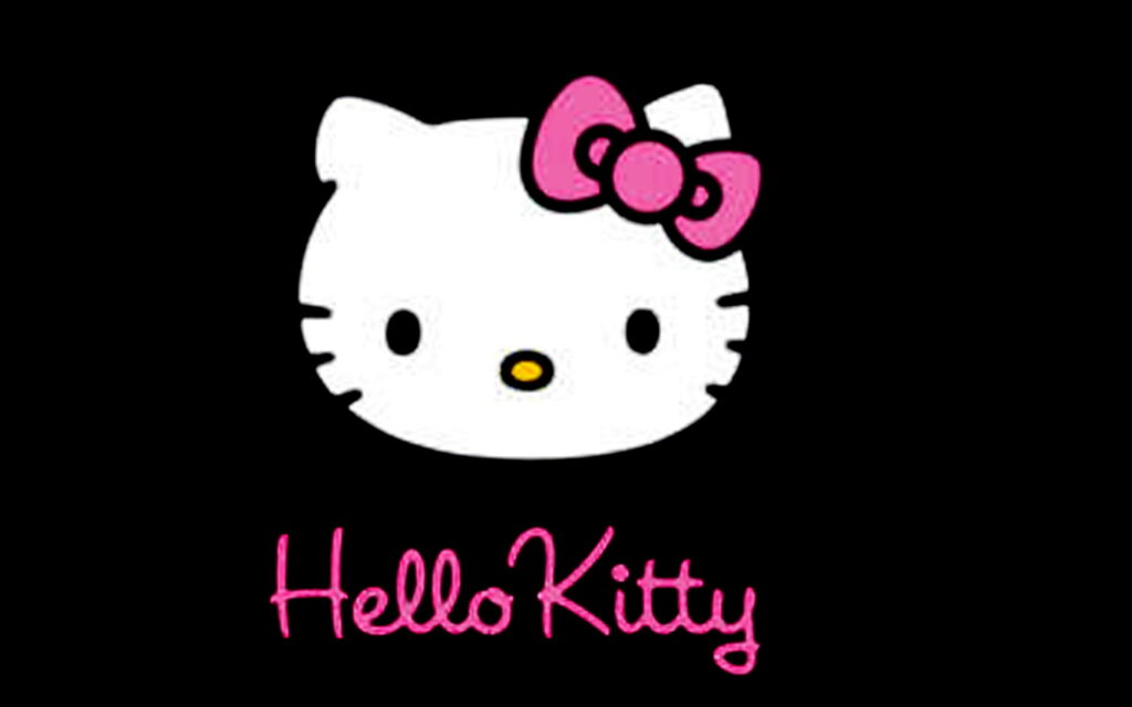 Hello Kitty wallpaper with white face pink bow on minimalist black background stylish logo