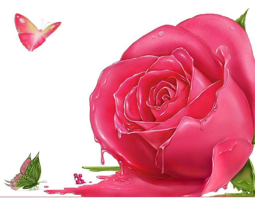 A Serene Encounter: A Pink Rose and a Playful Pink Butterfly in a Beautiful Background Wallpaper