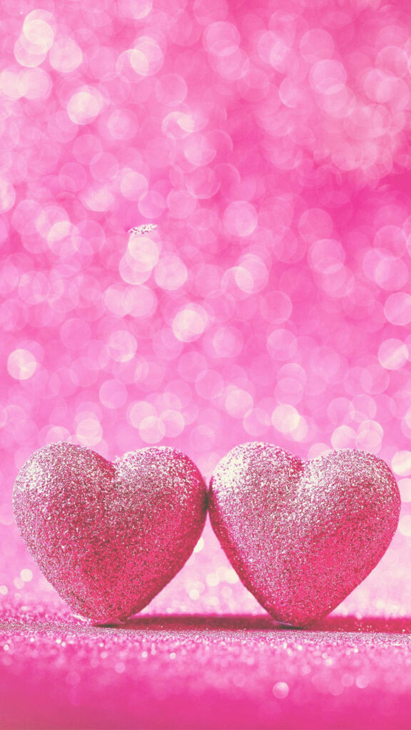 Shimmering 3D Love: Capturing Glittered Hearts with a Pink iPhone Background Wallpaper