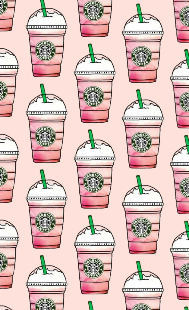 Pink Starbucks strawberry soda cups with whipped cream and green straws fun wallpaper pattern