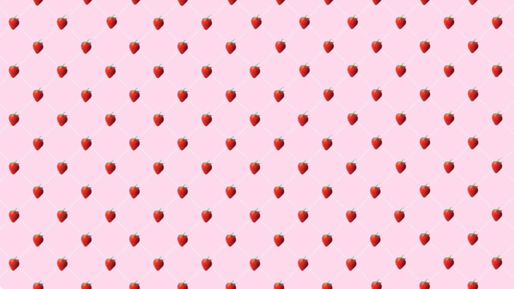 Kawaii seamless pattern of fresh red strawberries on pastel pink with white dotted grid background Wallpaper