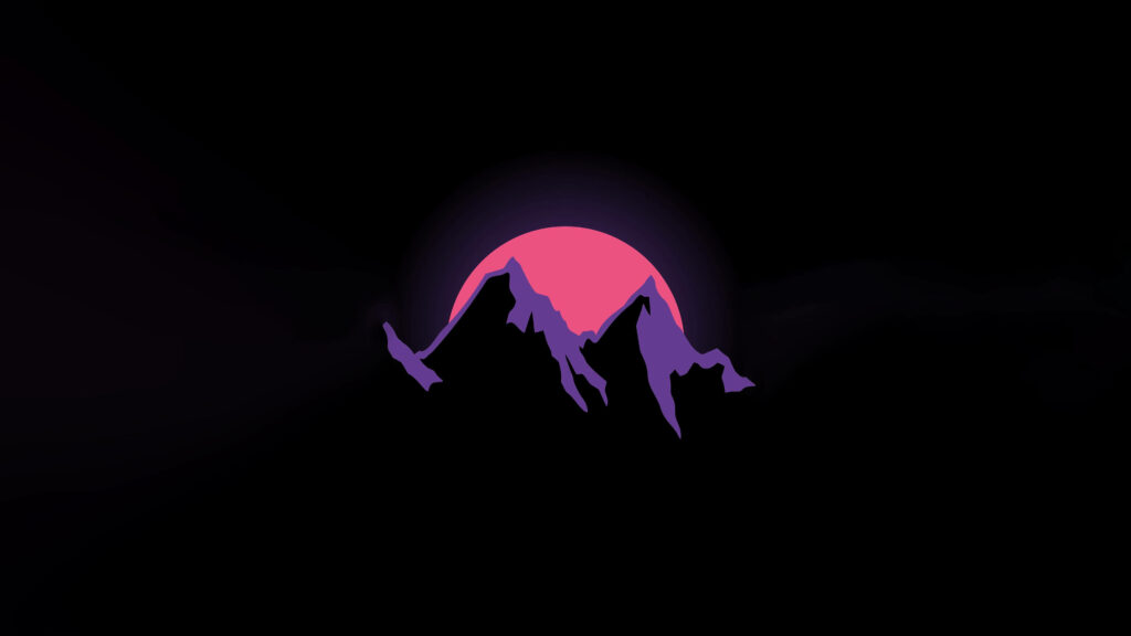 Minimalist synthwave wallpaper with dark mountain silhouette and glowing pink sun on black background