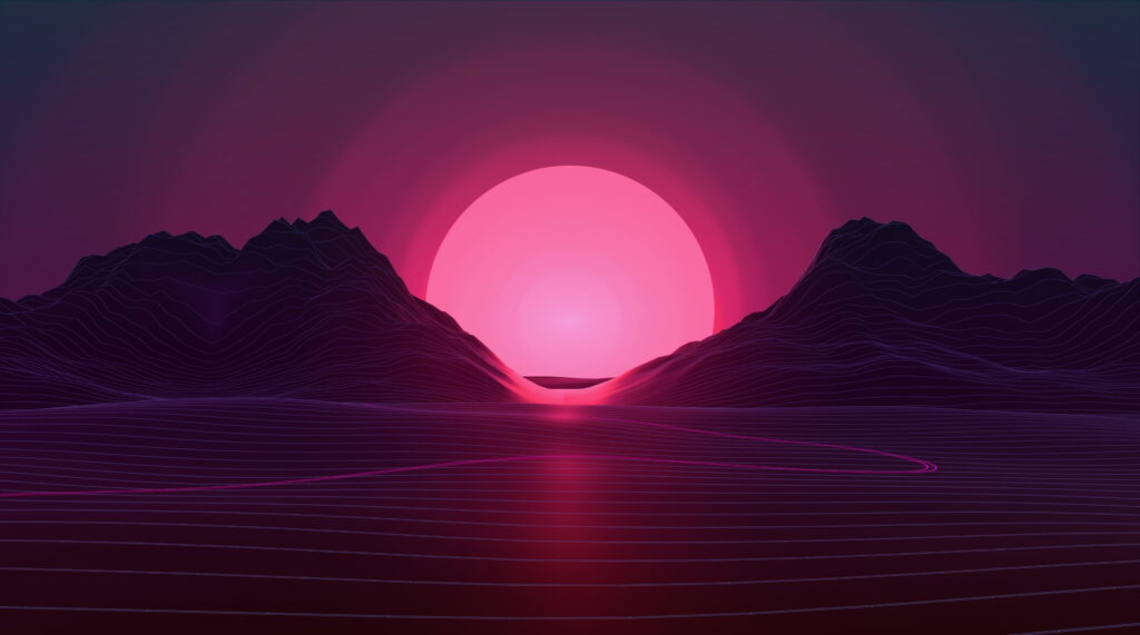 Pink synthwave wallpaper glowing magenta sun over wireframe mountains with purple gridscape