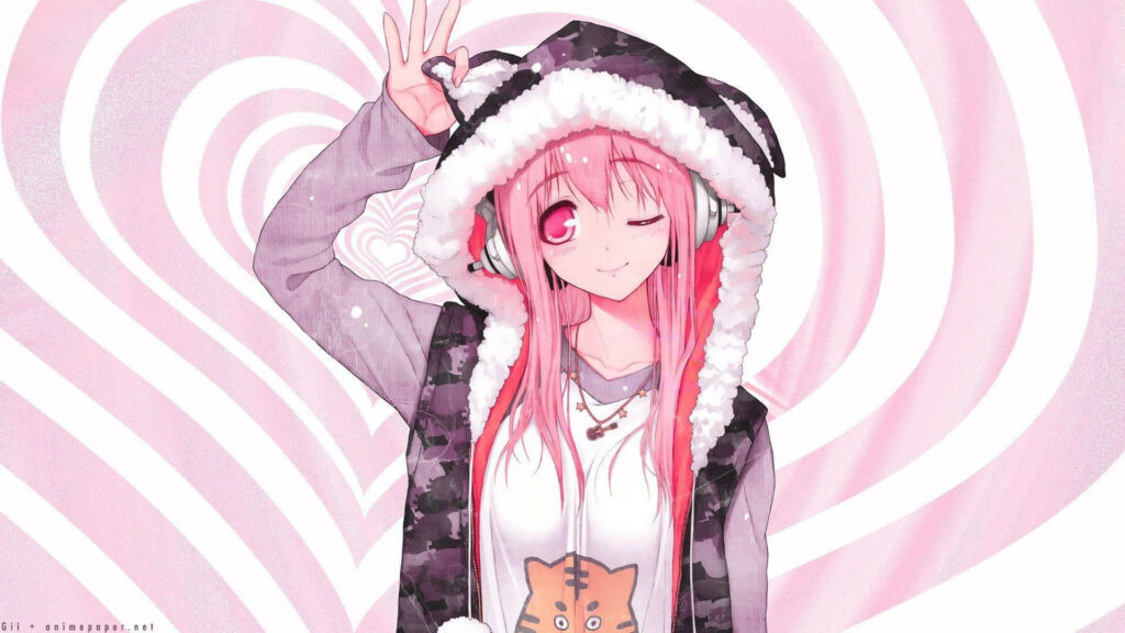 Pink-Haired Anime Cutie Cheerfully Twirling Her Hoodie Ears Wallpaper