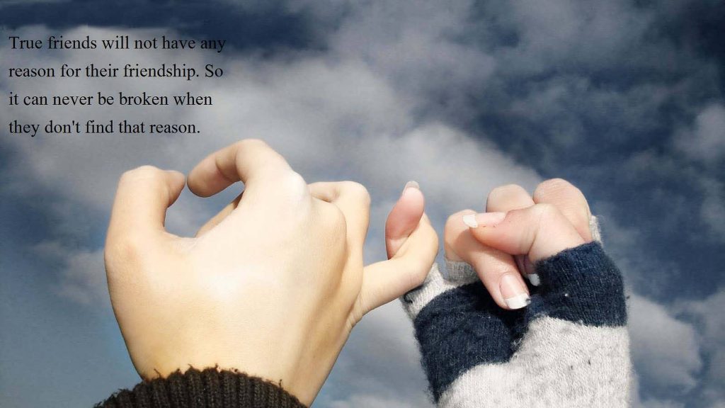 Two hands pinky promise with striped sweater and inspirational friendship quote wallpaper background