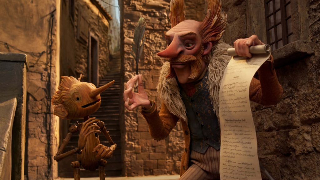 Stop-motion Pinocchio faces Count Volpe in sunlit stone alley cinematic wallpaper background