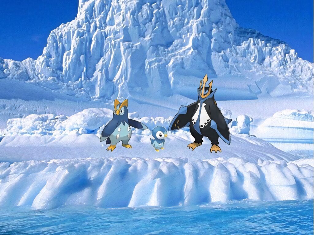 Evolutionary line of Piplup Prinplup and Empoleon on icy landscape with glacier Pokémon wallpaper