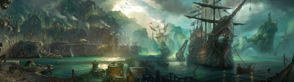 League of Legends-inspired fantasy harbor with majestic galleon and bustling port activity Wallpaper