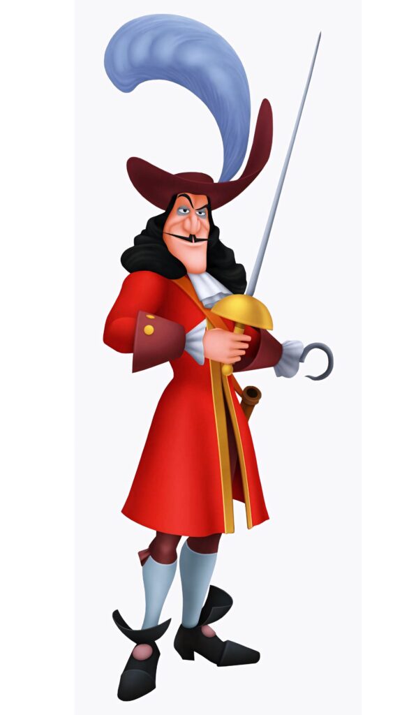 Pirate Captain Hook in red coat with blue feather hat and hook hand cartoon wallpaper background