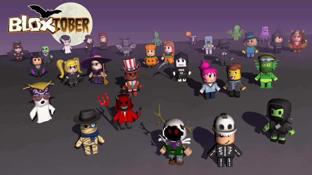 BLOXTOBER Bliss: A Mosaic of Halloween Excitement in Roblox's Animated Wonderland Wallpaper