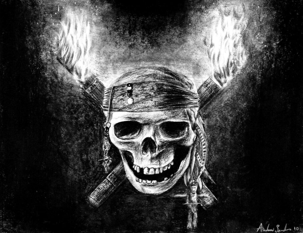 Pirate's Illuminated Haven: A High-Definition Skull Bedecked in Bandana and Torches Wallpaper
