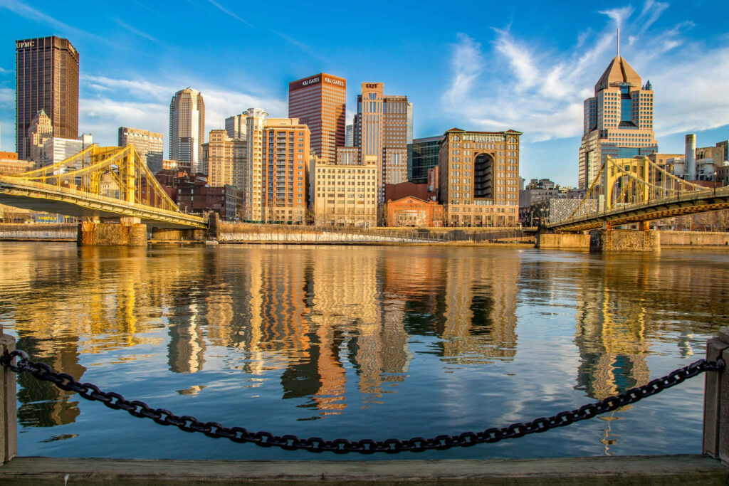 Vibrant Pittsburgh Skyline Wallpaper with Iconic Bridges & Reflections