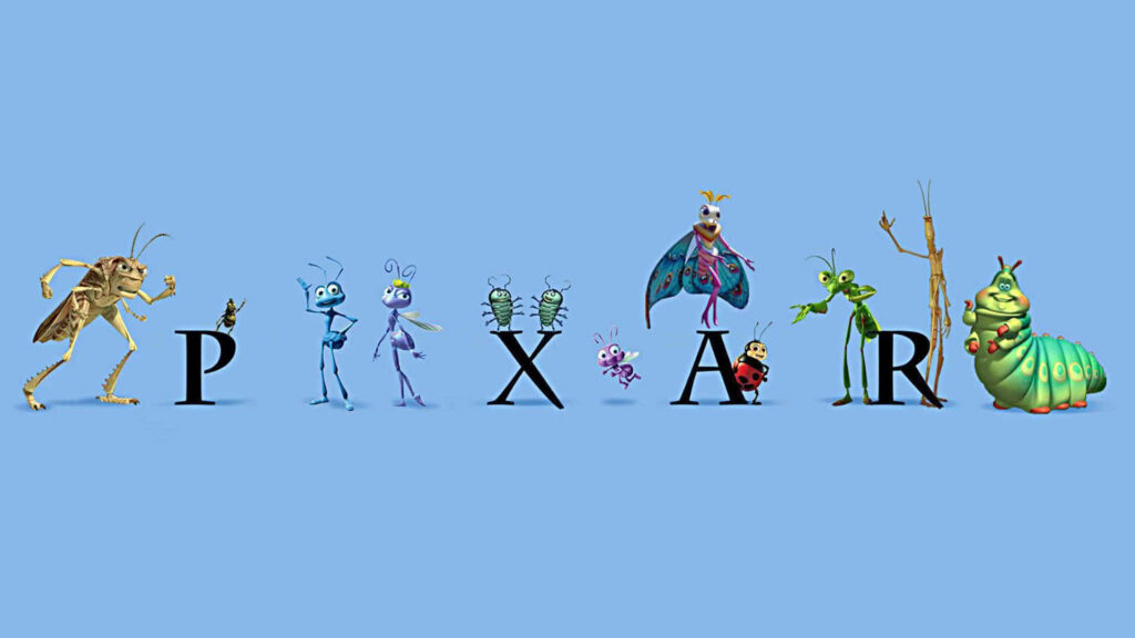 Pixar A Bug's Life characters on Pixar logo blue background vibrant colorful insect wallpaper