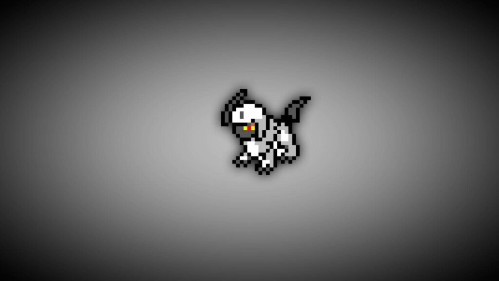 Pixel art Absol Pokémon sprite on dark gradient background retro style mysterious aura wallpaper