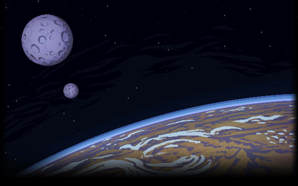 Pixel art of deep space with swirling planet, cratered moons, and vast starry background. Wallpaper
