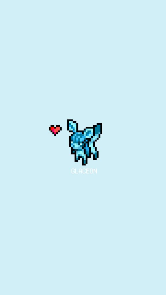 Pixel art Glaceon wallpaper with red heart and text on soft light blue background for fans