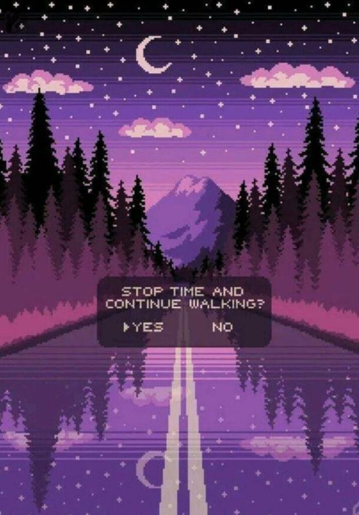 Whimsical Pixel Adventures: Pastel Purple Dreamland with Tree-lined Mountains, Starry Skies, and Enchanting Text Wallpaper